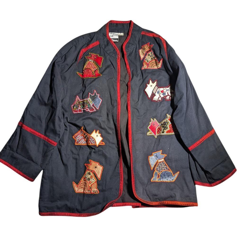 Vtg 1990s Yak Magik Black Scottie Dog Applique Open Front Cotton Jacket Sz M